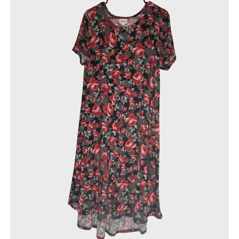 Lularoe Black Red Roses Carly Dress W sz M Flowy Swing Romantic Oversized